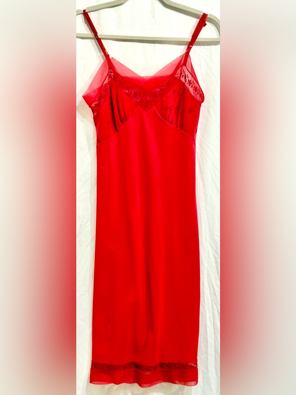 Vintage 1980s Red Slip Dress Sheer Embroidered Floral Lingerie XS S